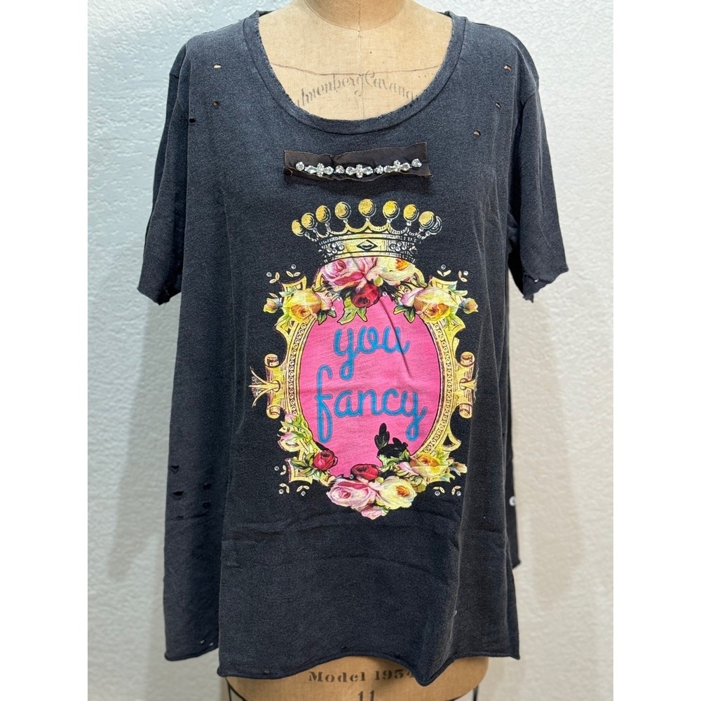 A Rare Bird Women's Rhinestone Tee You Fancy Distressed Black Large/XL NWT